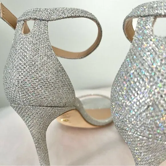 Stuart Weitzman's Nudistcurve Shimmery Ankle Strap Sandals Silver Size 6.5B NIB