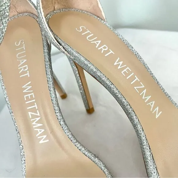 Stuart Weitzman's Nudistcurve Shimmery Ankle Strap Sandals Silver Size 6.5B NIB