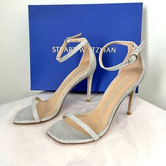 Stuart Weitzman's Nudistcurve Shimmery Ankle Strap Sandals Silver Size 6.5B NIB