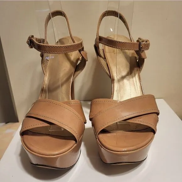 Stuart Weitzman &quot;Nexus&quot; Beige Patent Leather Platform Sandals Size 8 MSRP $450