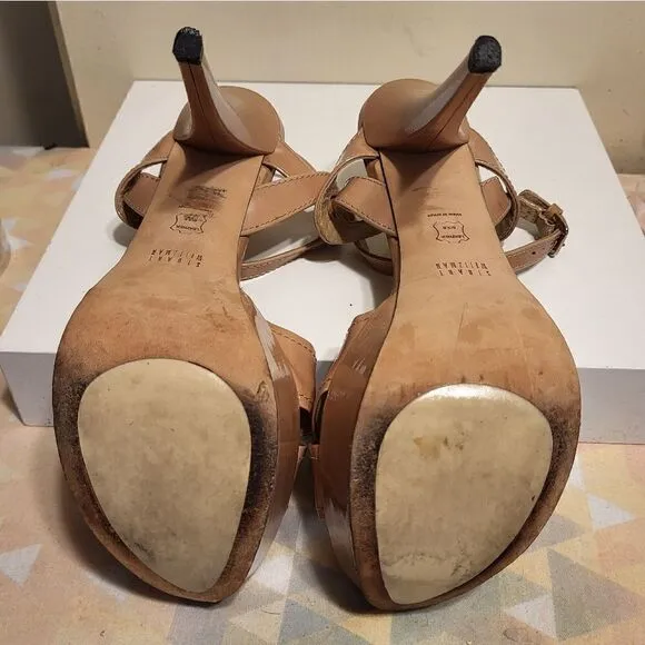 Stuart Weitzman &quot;Nexus&quot; Beige Patent Leather Platform Sandals Size 8 MSRP $450