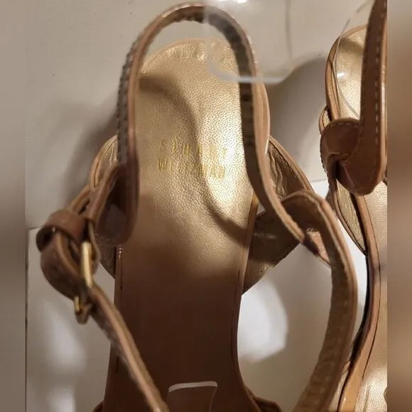 Stuart Weitzman &quot;Nexus&quot; Beige Patent Leather Platform Sandals Size 8 MSRP $450