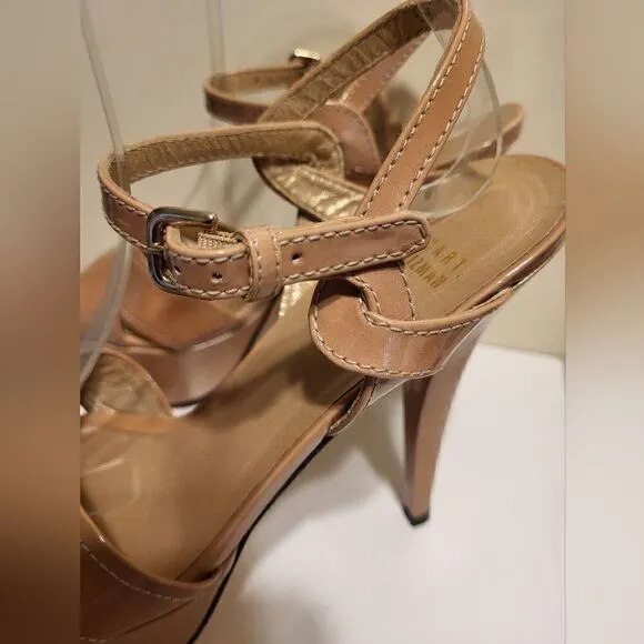 Stuart Weitzman &quot;Nexus&quot; Beige Patent Leather Platform Sandals Size 8 MSRP $450