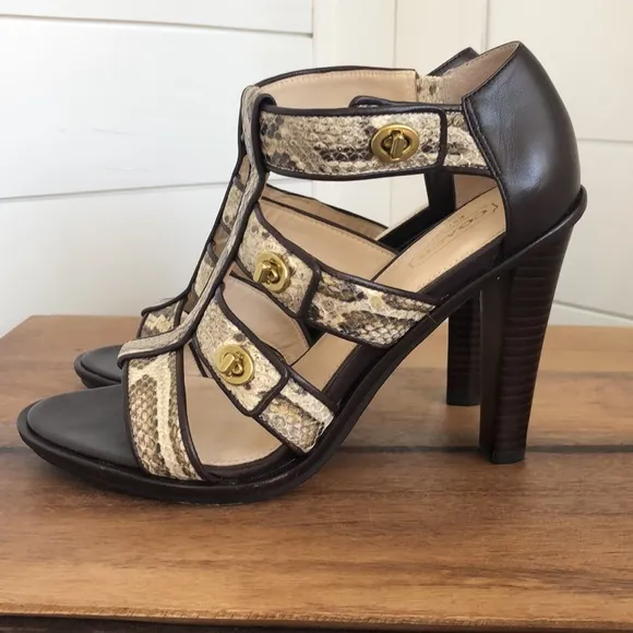 Stunning snakeskin print Tamarah heeled sandal with turn locks.