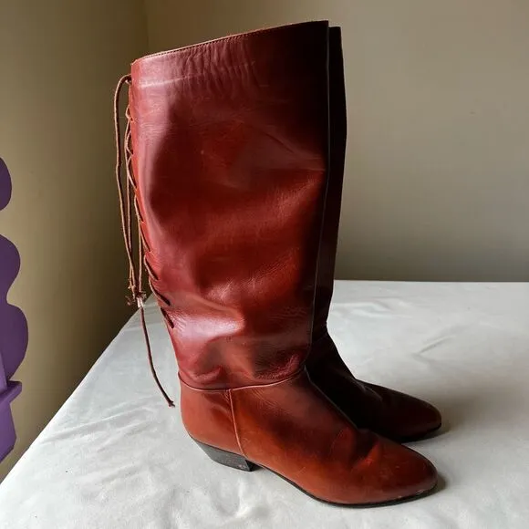 Sudini Italian Leather Boots Cognac Slip On Lace Up Slouchy Knee High Womens 6