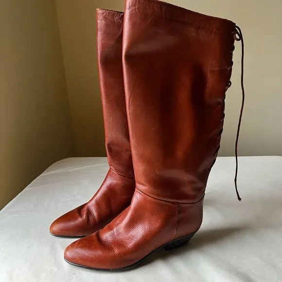 Sudini Italian Leather Boots Cognac Slip On Lace Up Slouchy Knee High Womens 6