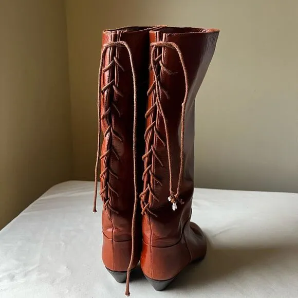 Sudini Italian Leather Boots Cognac Slip On Lace Up Slouchy Knee High Womens 6