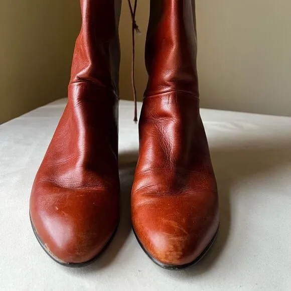 Sudini Italian Leather Boots Cognac Slip On Lace Up Slouchy Knee High Womens 6