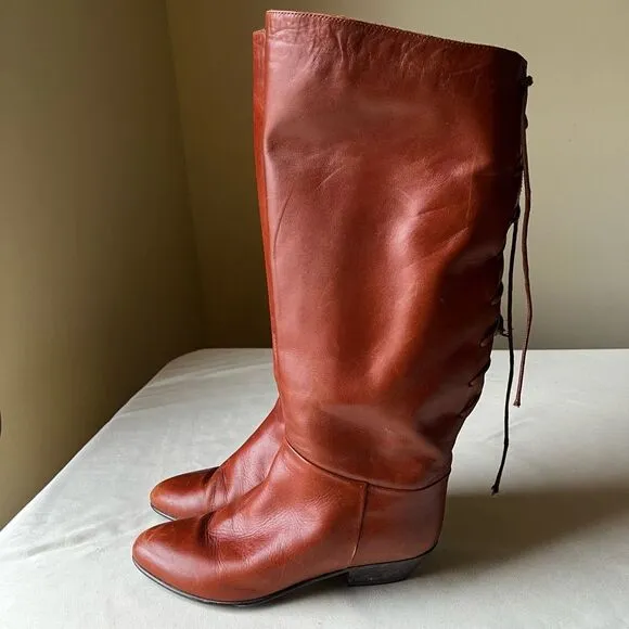 Sudini Italian Leather Boots Cognac Slip On Lace Up Slouchy Knee High Womens 6