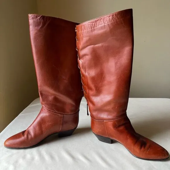 Sudini Italian Leather Boots Cognac Slip On Lace Up Slouchy Knee High Womens 6
