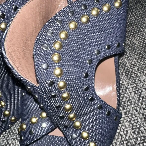 Tabitha Simmons Celia Studded Denim Slide Mule Sandals Brand Size 40 (US 9.5)