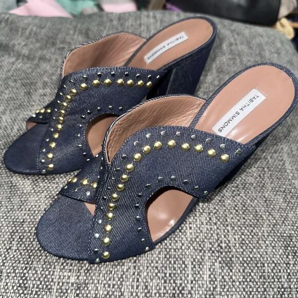 Tabitha Simmons Celia Studded Denim Slide Mule Sandals Brand Size 40 (US 9.5)