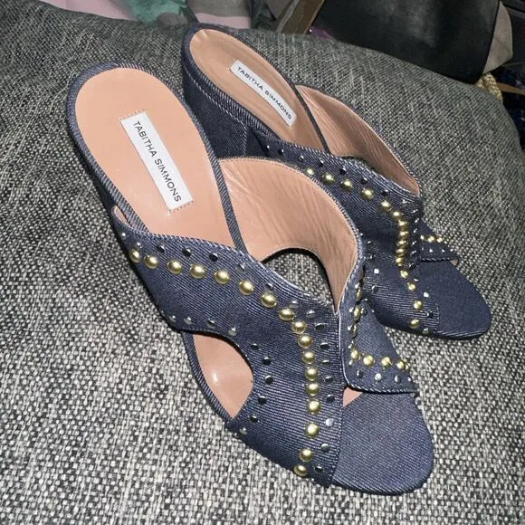 Tabitha Simmons Celia Studded Denim Slide Mule Sandals Brand Size 40 (US 9.5)