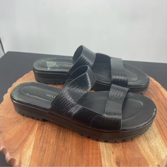 Tamara Mellon Roam flat slide Sandals Sz 38.5 US 8.5 black reptile embossed