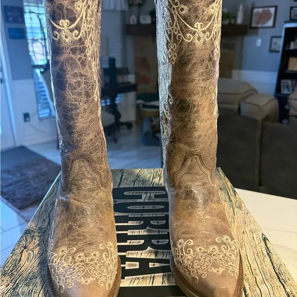 Tan Heeled Boots with Intricate Embroidery and Classic Design