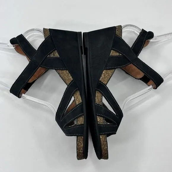 Taos Women's Sandals Carousel 2 Wedge Ankle‎ Strap Shoes Black Leather Size 8.5