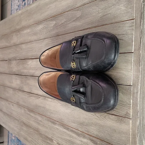 Ted Baker Men Black Leather Slip-On Loafers with Decorative Tassel Detail Size 9