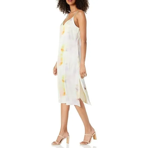 THE DROP Ana Silky Satin V-Neck Midi Summer Slip Dress Cream Tie Dye Size 5X NWT