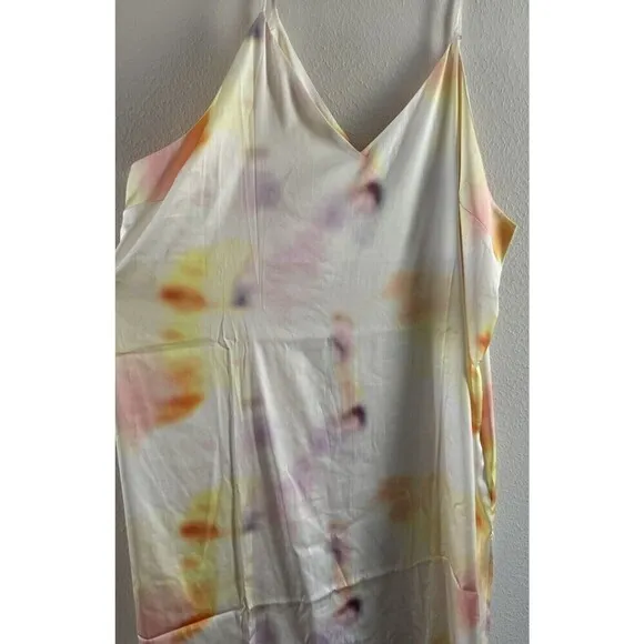 THE DROP Ana Silky Satin V-Neck Midi Summer Slip Dress Cream Tie Dye Size 5X NWT