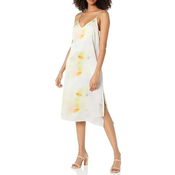 THE DROP Ana Silky Satin V-Neck Midi Summer Slip Dress Cream Tie Dye Size 5X NWT