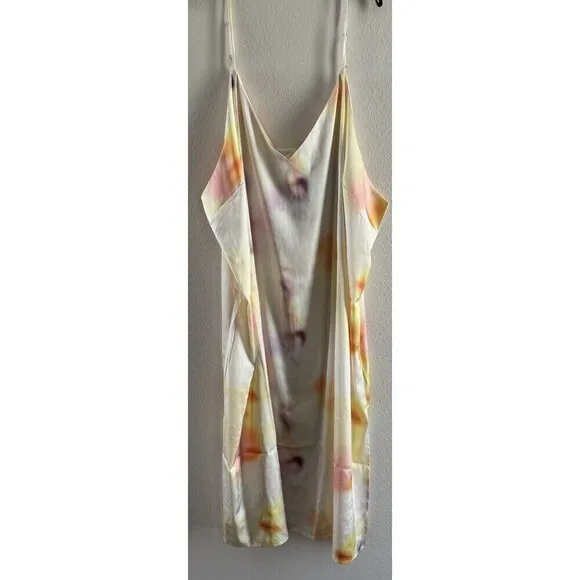 THE DROP Ana Silky Satin V-Neck Midi Summer Slip Dress Cream Tie Dye Size 5X NWT