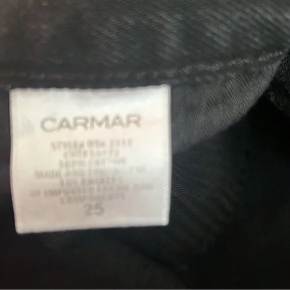 Three Carmar denim mini skirts, size 25. Two blue and one black.