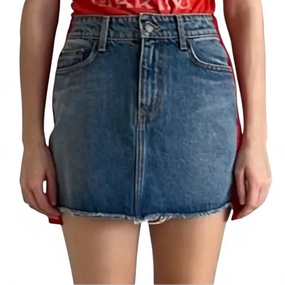 Three Carmar denim mini skirts, size 25. Two blue and one black.