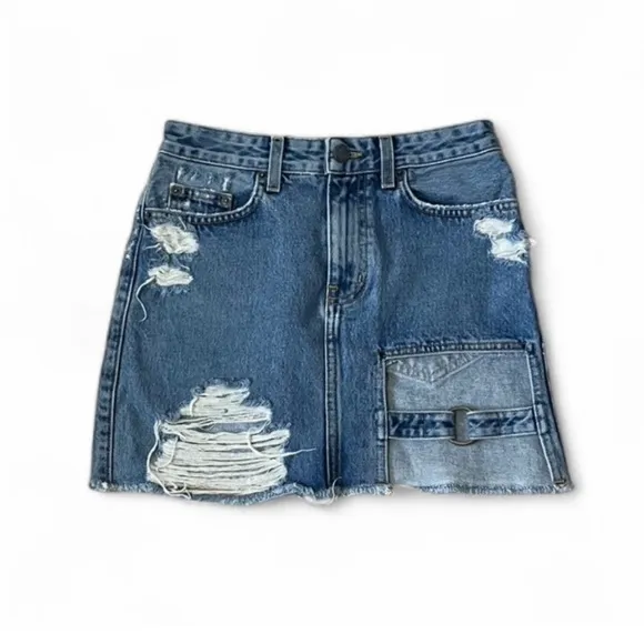 Three Carmar denim mini skirts, size 25. Two blue and one black.