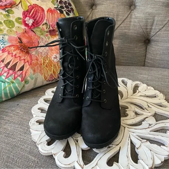 Timberland Black Leather Heels Boots Women’s 8