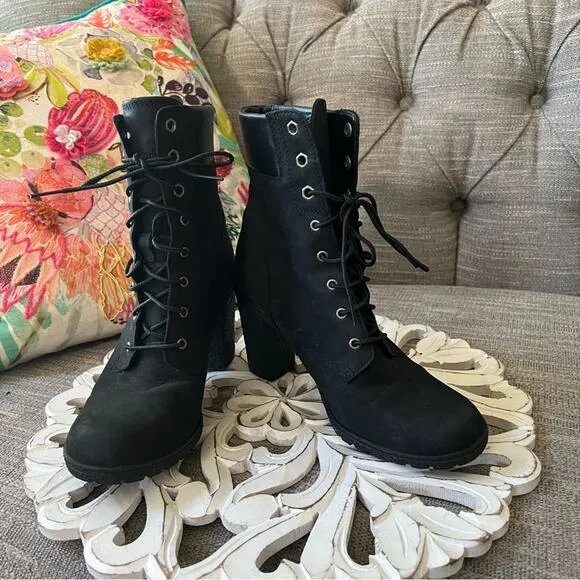 Timberland Black Leather Heels Boots Women’s 8