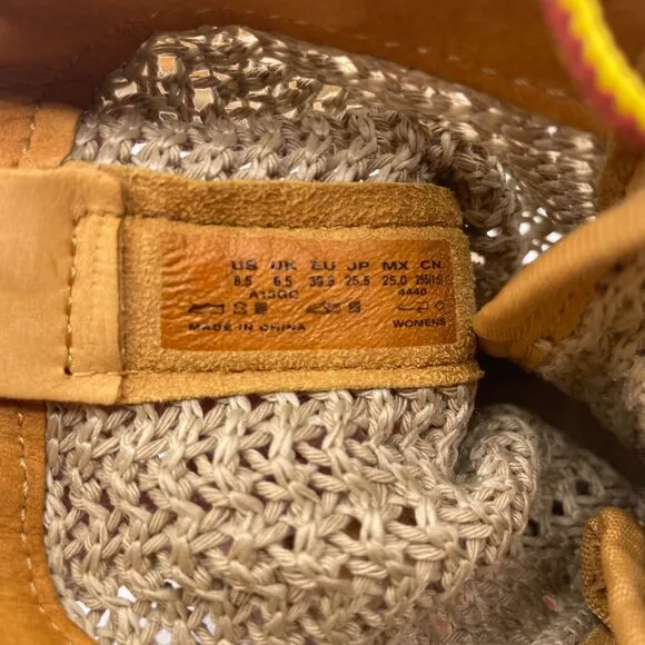Timberland Crochet Hi Open Weave Woven Knit Tan Leather Boots Womens Size 8.5
