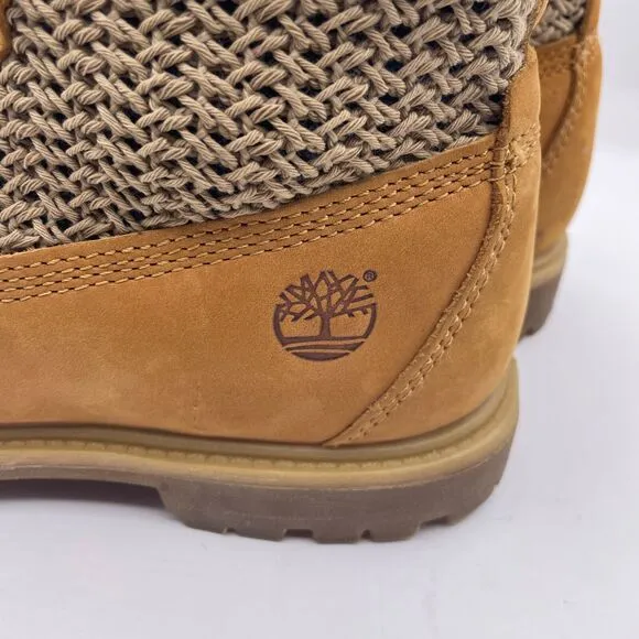 Timberland Crochet Hi Open Weave Woven Knit Tan Leather Boots Womens Size 8.5