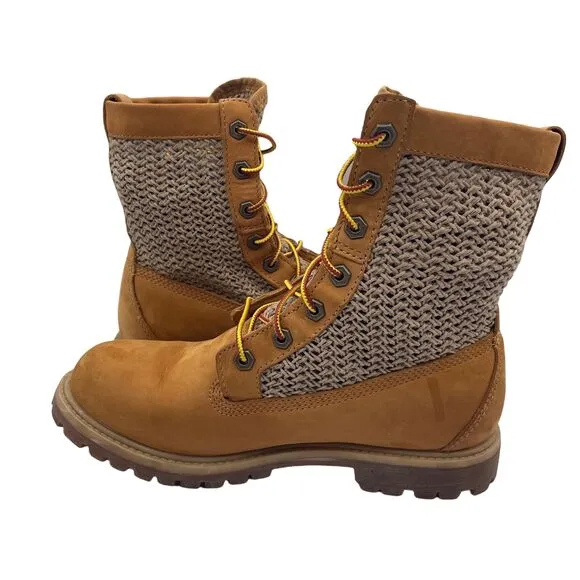 Timberland Crochet Hi Open Weave Woven Knit Tan Leather Boots Womens Size 8.5
