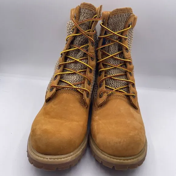 Timberland Crochet Hi Open Weave Woven Knit Tan Leather Boots Womens Size 8.5