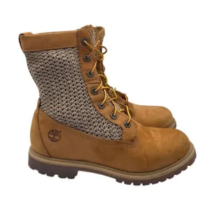 Timberland Crochet Hi Open Weave Woven Knit Tan Leather Boots Womens Size 8.5