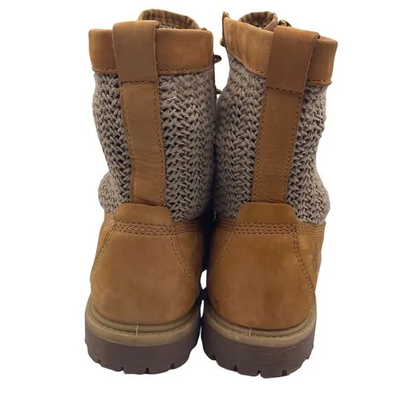 Timberland Crochet Hi Open Weave Woven Knit Tan Leather Boots Womens Size 8.5