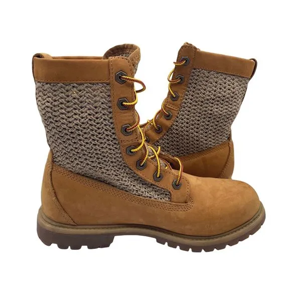 Timberland Crochet Hi Open Weave Woven Knit Tan Leather Boots Womens Size 8.5