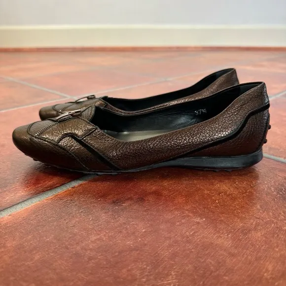 Tods Leather Imaginative Zipper Loafers Size 7.5
