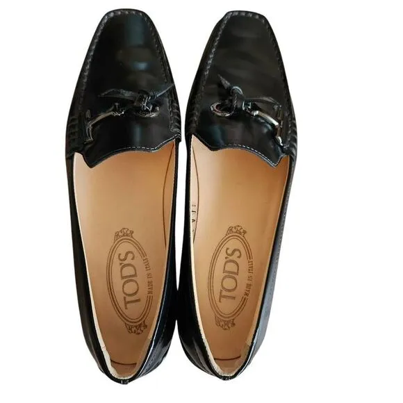 Tods Loafers Shoes Leather Womens 8 Flats Driving Made in Italy Careerwear Black