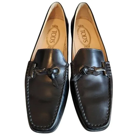 Tods Loafers Shoes Leather Womens 8 Flats Driving Made in Italy Careerwear Black