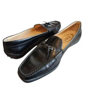 Tods Loafers Shoes Leather Womens 8 Flats Driving Made in Italy Careerwear Black