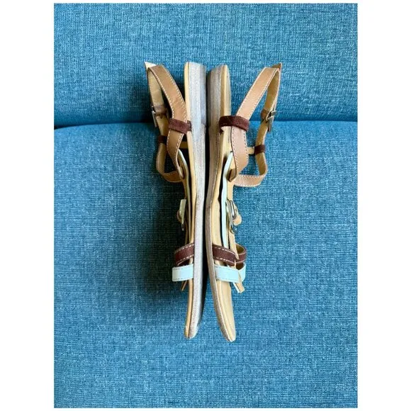 Tod's T-Strap Buckle Flat Sandals | Size 37.5 7.5 | Tan Brown White