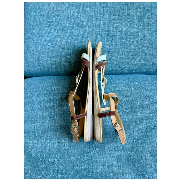 Tod's T-Strap Buckle Flat Sandals | Size 37.5 7.5 | Tan Brown White