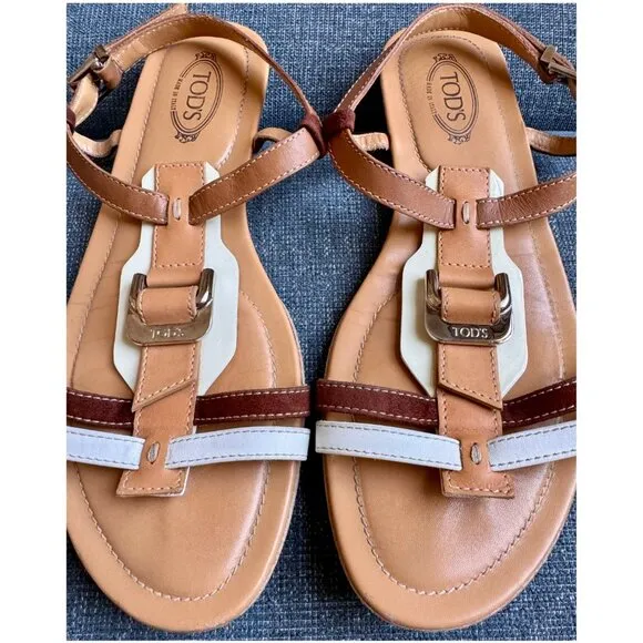 Tod's T-Strap Buckle Flat Sandals | Size 37.5 7.5 | Tan Brown White