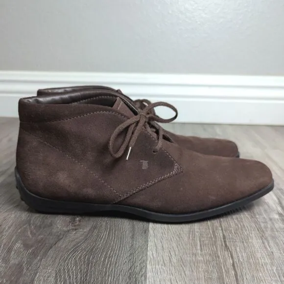 Tod's Brown Suede leather lace up chukka ankle boots booties womens 37.5 EU 7.5