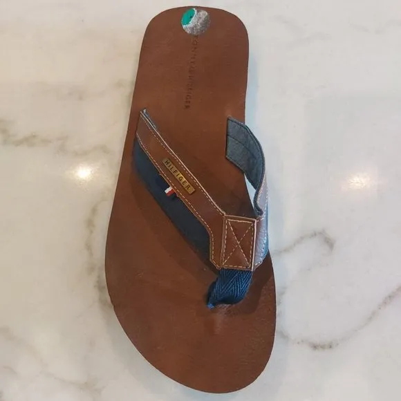 Tommy Hilfiger Drake-T Men's Flip Flops Flat Sandals Cognac Faux Leather Sz 12‎