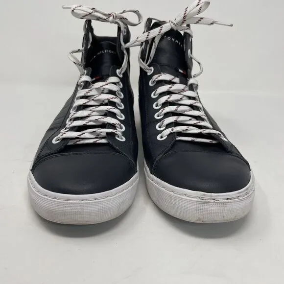 TOMMY HILFIGER Sneakers Mens 9 Navy Blue Leather High Top Lace Up Logo Fashion