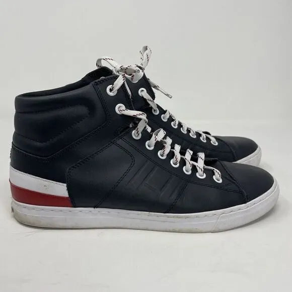 TOMMY HILFIGER Sneakers Mens 9 Navy Blue Leather High Top Lace Up Logo Fashion