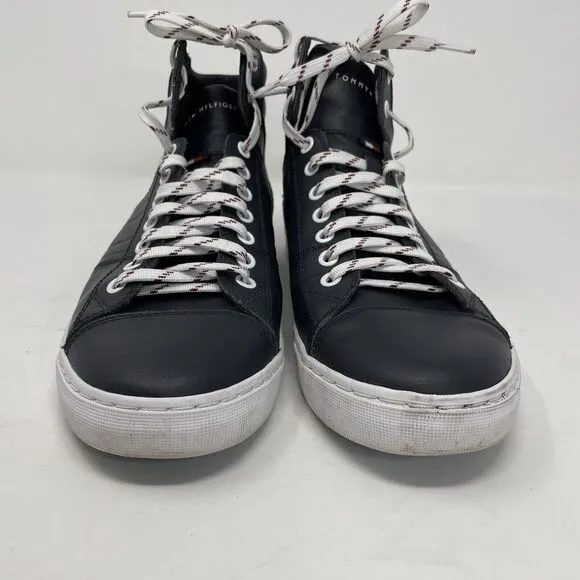 TOMMY HILFIGER Sneakers Mens 9 Navy Blue Leather High Top Lace Up Logo Fashion