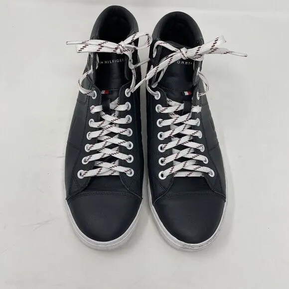 TOMMY HILFIGER Sneakers Mens 9 Navy Blue Leather High Top Lace Up Logo Fashion